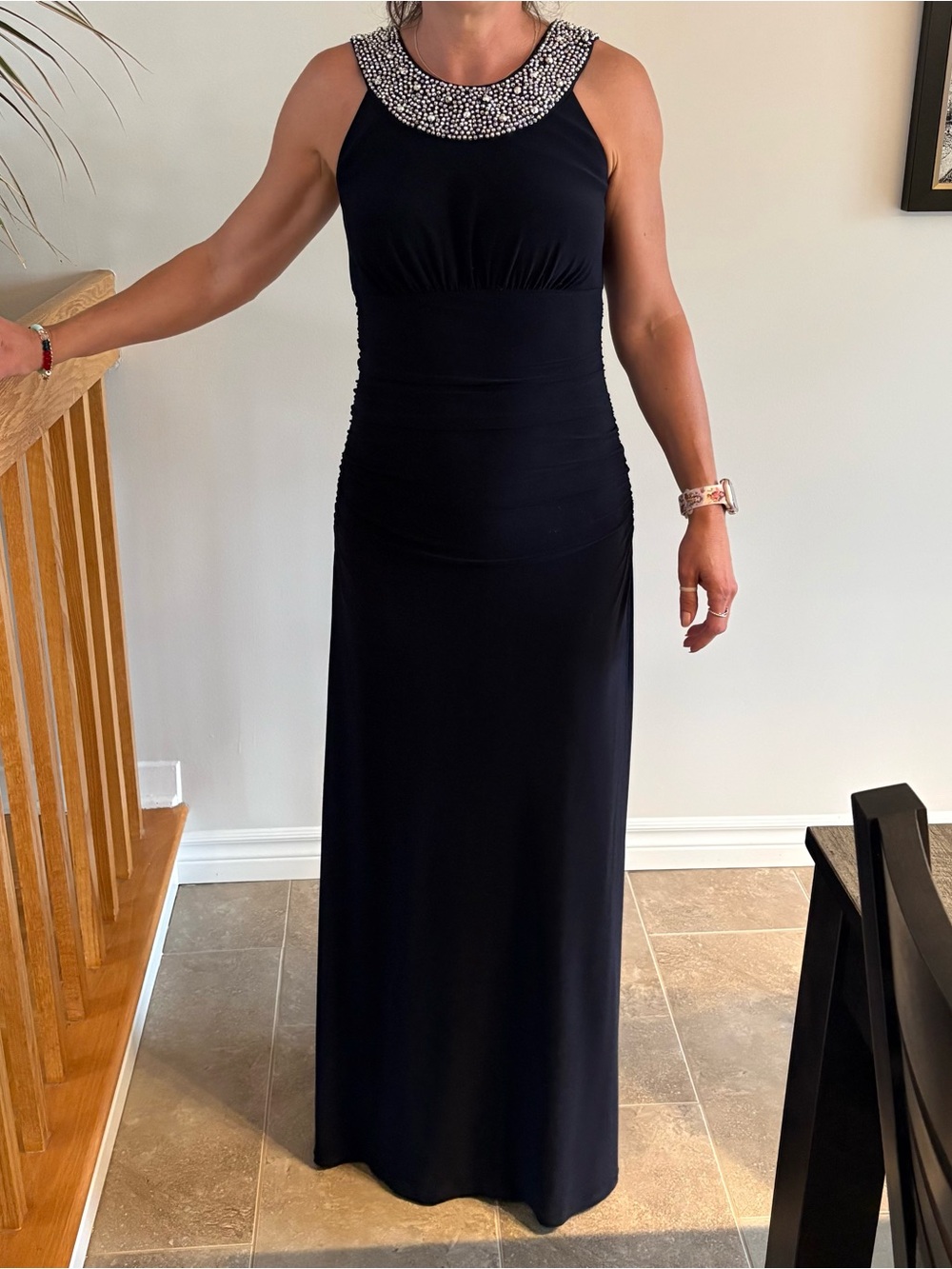 Elegant navi blue Beaded-Neck Maxi Dress
